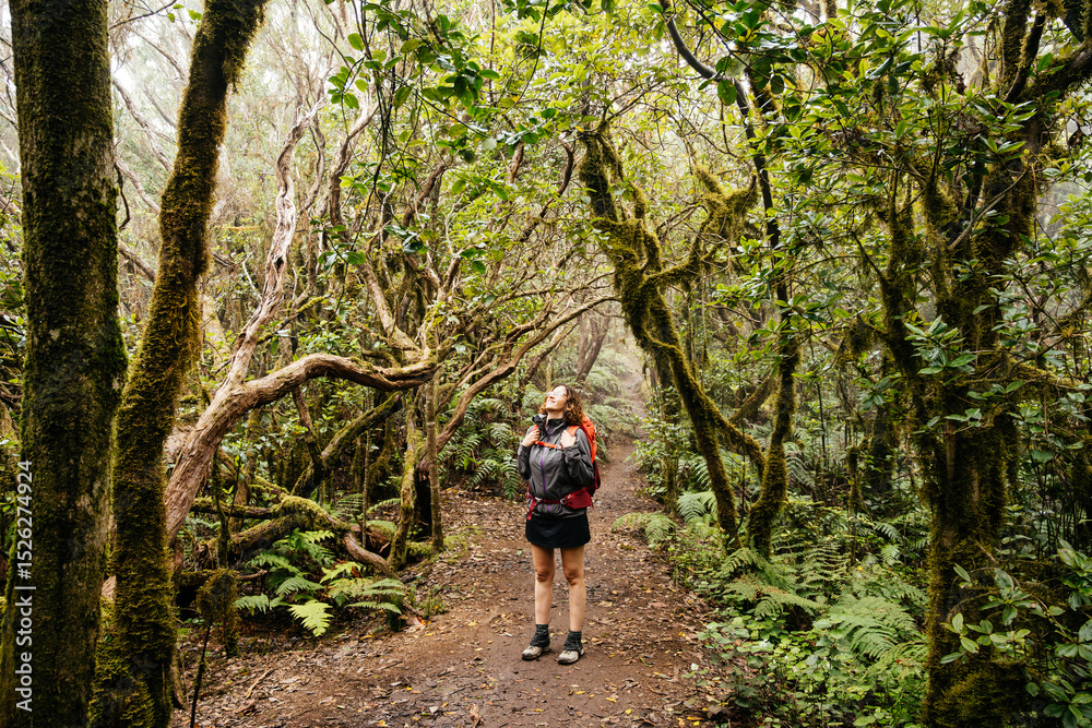 Obraz premium Woman Hiking Through Lush Greenery on the Anaga Park Trail in Tenerife, Canary Islands
