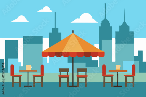 Urban Cafe Terrace City Skyline with Outdoor Seating and Umbrella