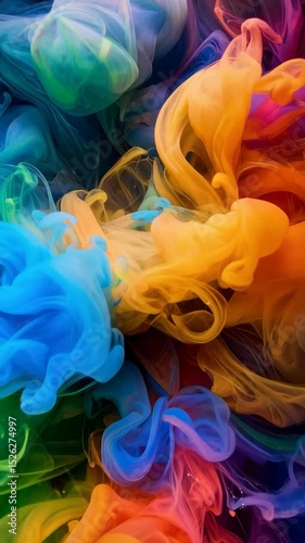 Dynamic ink cloud formation creating abstract patterns in vivid shades of blue, yellow, orange, red, and green mixing with water, creating a swirling effect.