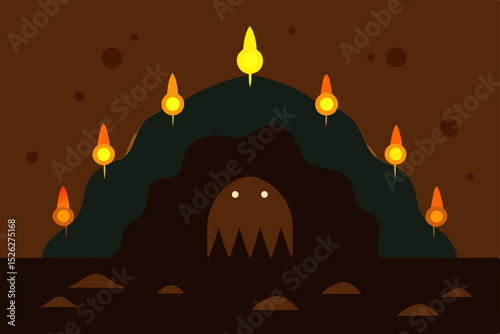 Mysterious Cave Entrance with Glowing Flames A Fantasy Illustration
