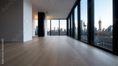 Wallpaper Mural Modern Apartment Interior with Wooden Floor and City View at Dusk Torontodigital.ca