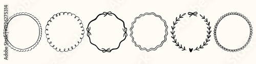 Set whimsical round frames with wavy lines, bows, curly ribbons. Hand-drawn trendy vintage style, perfect for wedding invitations, birthday cards, and holiday.