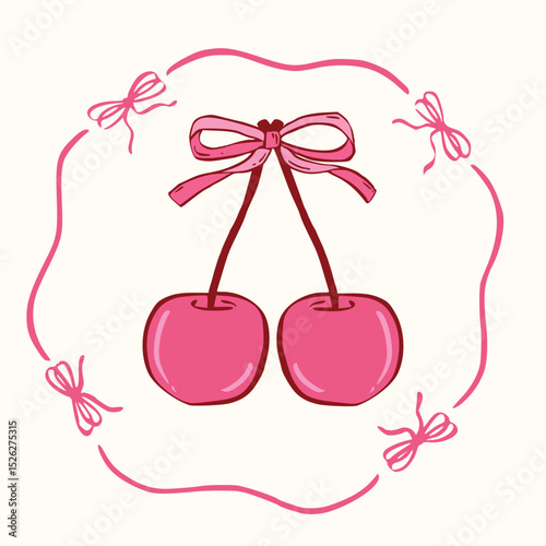 Coquette cherry, strawberry, heart with bow. A charming collection of doodle line art featuring romantic berries and sweet symbols, perfect for Valentine's Day designs, greeting cards and  invitations
