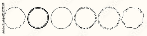 Set whimsical round frames with wavy lines, bows, curly ribbons. Hand-drawn trendy vintage style, perfect for wedding invitations, birthday cards, and holiday.