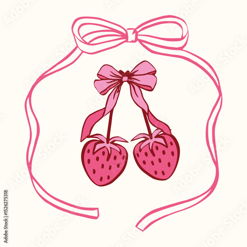 Coquette cherry, strawberry, heart with bow. A charming collection of doodle line art featuring romantic berries and sweet symbols, perfect for Valentine's Day designs, greeting cards and  invitations