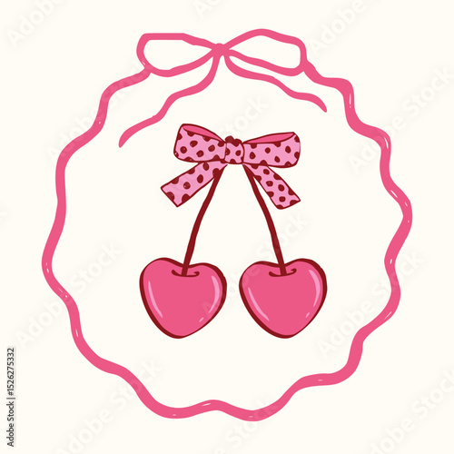 Coquette cherry, strawberry, heart with bow. A charming collection of doodle line art featuring romantic berries and sweet symbols, perfect for Valentine's Day designs, greeting cards and  invitations