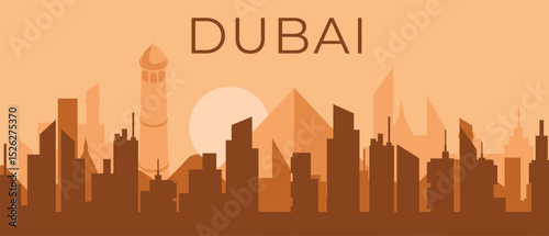 Panorama shows dubai skyline silhouette featuring iconic buildings and a bright rising sun.