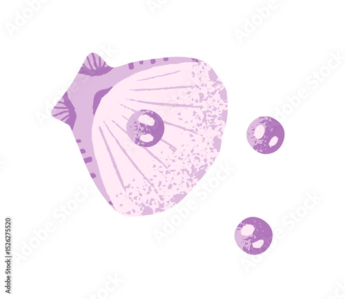 Cute cockleshell with pearls. Scallop sea shell. Cockle seashell, conch of undersea mollusk, tropical clam. Beach and ocean decoration. Flat isolated drawing vector illustration on white background