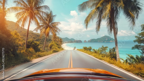 Bright car on tropical coastal road with ocean views and lush islands ahead