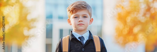 Elementary school student wearing a uniform and carrying a backpack, joyfully heading back to school on a bright, sunny autumn day, embracing the excitement of a new academic year