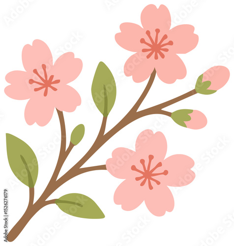 A flat-style illustration sticker of a blooming cherry blossom branch with two pink flowers, several buds, and green leaves on a brown stem.