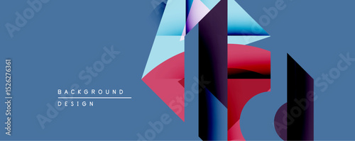 Abstract geometric shapes create dynamic composition. Blue background contrasts vibrant red, purple gradients. Modern design evokes depth, visual interest.