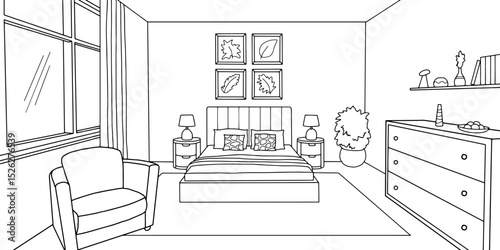 Bedroom graphic black white home interior sketch illustration vector 