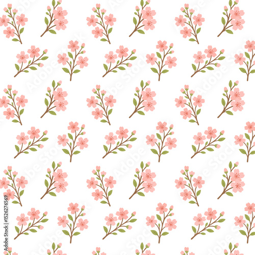 Flat style background depicting a branch of cherry blossom with two pink flowers, several buds and green leaves on a brown stem.