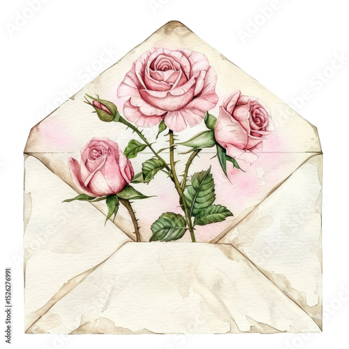Beautiful bouquet of pink roses inside an elegant envelope with a transparent background for various design applications