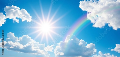 Vibrant blue sky vector background featuring fluffy white clouds, a radiant sun, and a colorful rainbow,  background,  design