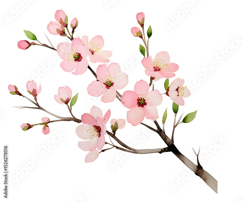Fototapeta Naklejka Na Ścianę i Meble -  A delicate watercolor illustration of blooming cherry blossom branches with soft pink petals and subtle green leaves, outlined with a white sticker border.