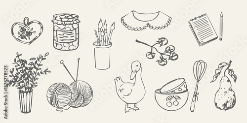 Cottagecore set cosy country rural things sketch. Retro cute whimsy farm themed cottage core aesthetic. Hobby collection, vegetables doodle.