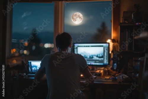 Person working late on a passion project under moonlight with dual screens setup