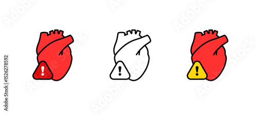 Heart with warning icon conveys caution. red and white variations highlight urgency and alertness.