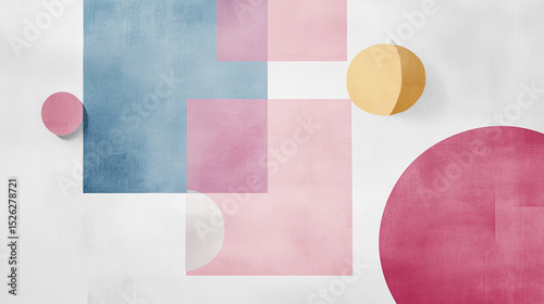 Abstract Geometric Shapes Pastel Pink, Blue, and Yellow Circles and Squares on White Background