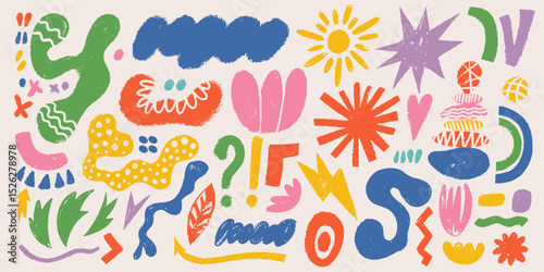 Set of crayon abstract shapes, forms. Groovy bizarre shapes in trendy crayon drawing style. Collection of vector hand drawn weird shapes with crayon, colored chalk or charcoal texture drawn manual.