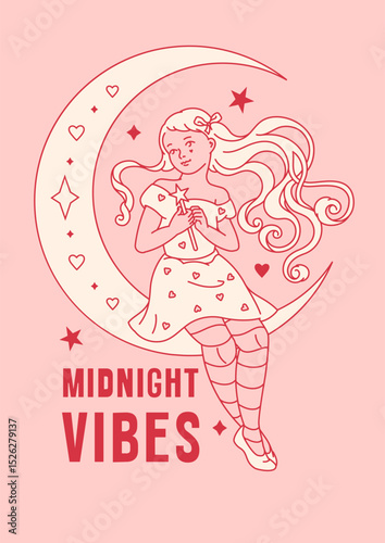 A flirty coquette print with a fairy girl, a crescent moon and stars, evoking a sense of magic and wonder. Fantasy poster combines witchcraft midnight aesthetic and dreamy, pink color palette