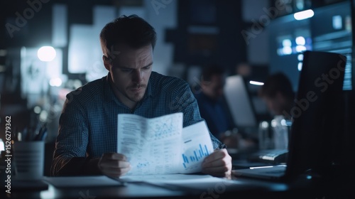 A data analyst researching cognitive bias in data interpretation. Featuring a team reviewing reports