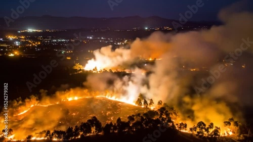 Aerial View of a Devastating Wildfire Engulfing Hillside at Night with Smoke and Burning Trees