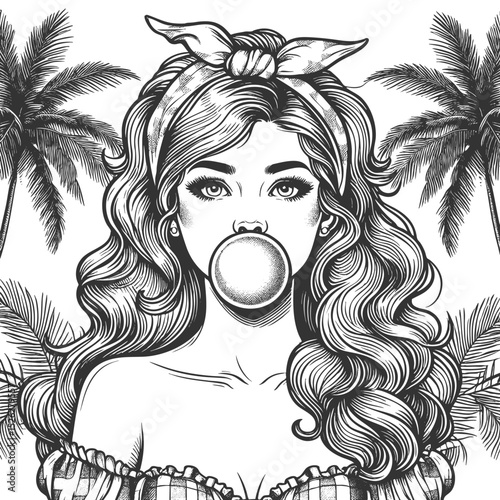 woman with long wavy hair, blowing bubblegum, framed by tropical palm trees sketch engraving generative ai fictional character vector illustration. Scratch board imitation. Black and white image.