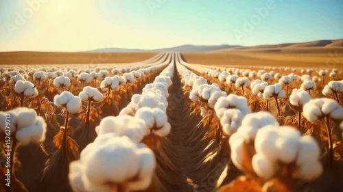 A cotton field in rural Uzbekistan during a sunny summer day, with rows of white cotton plants stretching across the landscape
