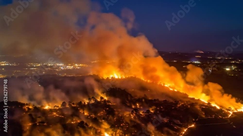 Devastating wildfire engulfs hills near city at night dramatic aerial footage
