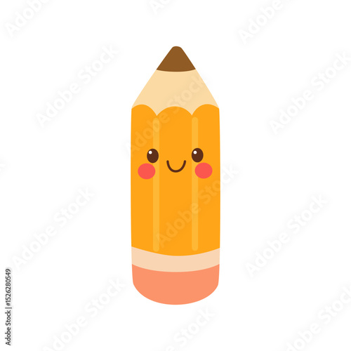 Cute cartoon-style yellow pencil with a smiling face and red cheeks.  Perfect for school supplies, kids' stationery, and educational illustrations.