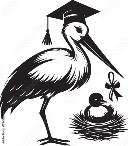 Stylish stroke with baby in wearing a graduation hat black silhouette vector illustration