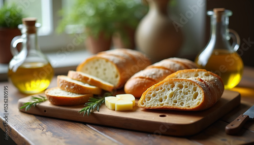 Sliced Bread and Cheese with Olive Oil and Herbs on Rustic Table