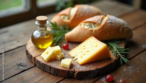 Rustic Bread and Cheese Platter with Olive Oil on Wooden Table