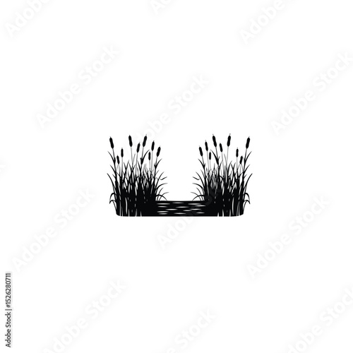 A pond surrounded by cattails swaying in the breeze silhouette on white background