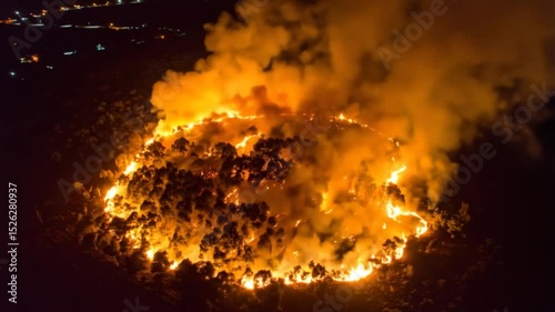Dramatic aerial view of a large brush fire burning fiercely in the night
