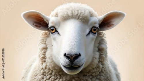 Majestic Sheep Portrait Against a Soft Beige Background Shows Detailed Wool Texture and Expressive Eyes