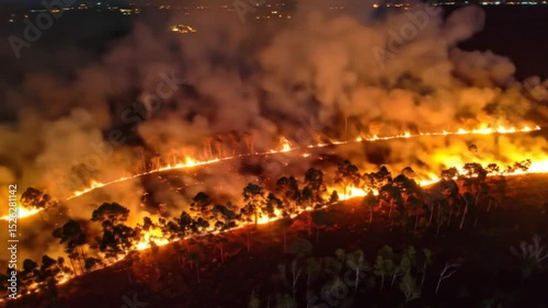 Devastating wildfire ravages forest landscape at night, emitting smoke and causing widespread damage