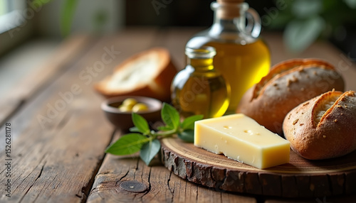 Wooden Table with Bread, Cheese, and Olive Oil Decor Arrangement