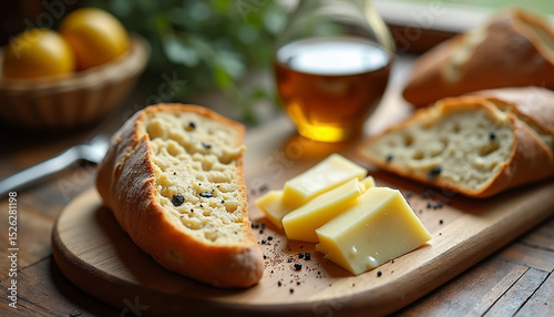 Rustic Bread and Cheese Display with Olive Oil and Fresh Herbs