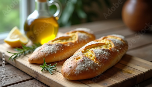 Sliced Bread and Cheese with Olive Oil on Rustic Kitchen Table