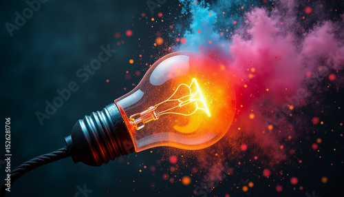 Glowing Light Bulb Surrounded by Colorful Smoke Burst Effect