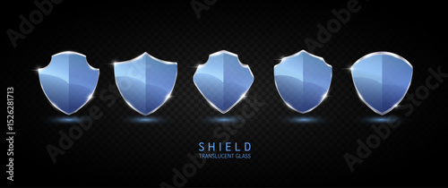 Set glass shield blue translucent empty aluminum frame shiny modern 3D isolated on dark background. For text or logo. Protected guard privacy concept. Safety badge. Vector EPS10 illustration.