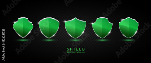 Set glass shield green translucent empty aluminum frame shiny modern 3D isolated on dark background. For text or logo. Protected guard privacy concept. Safety badge. Vector EPS10 illustration.