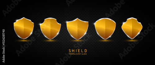 Set glass shield orange translucent empty aluminum frame shiny modern 3D isolated on dark background. For text or logo. Protected guard privacy concept. Safety badge. Vector EPS10 illustration.