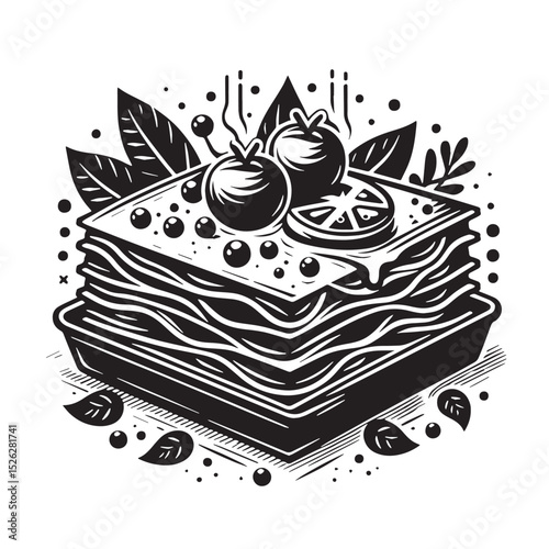 Delicious Lasagna with Tomatoes and Herbs - Black and White Illustration