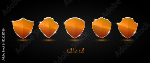 Set glass shield orange translucent empty aluminum frame shiny modern 3D isolated on dark background. For text or logo. Protected guard privacy concept. Safety badge. Vector EPS10 illustration.