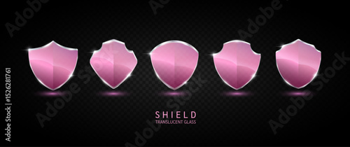 Set glass shield pink translucent empty aluminum frame shiny modern 3D isolated on dark background. For text or logo. Protected guard privacy concept. Safety badge. Vector EPS10 illustration.